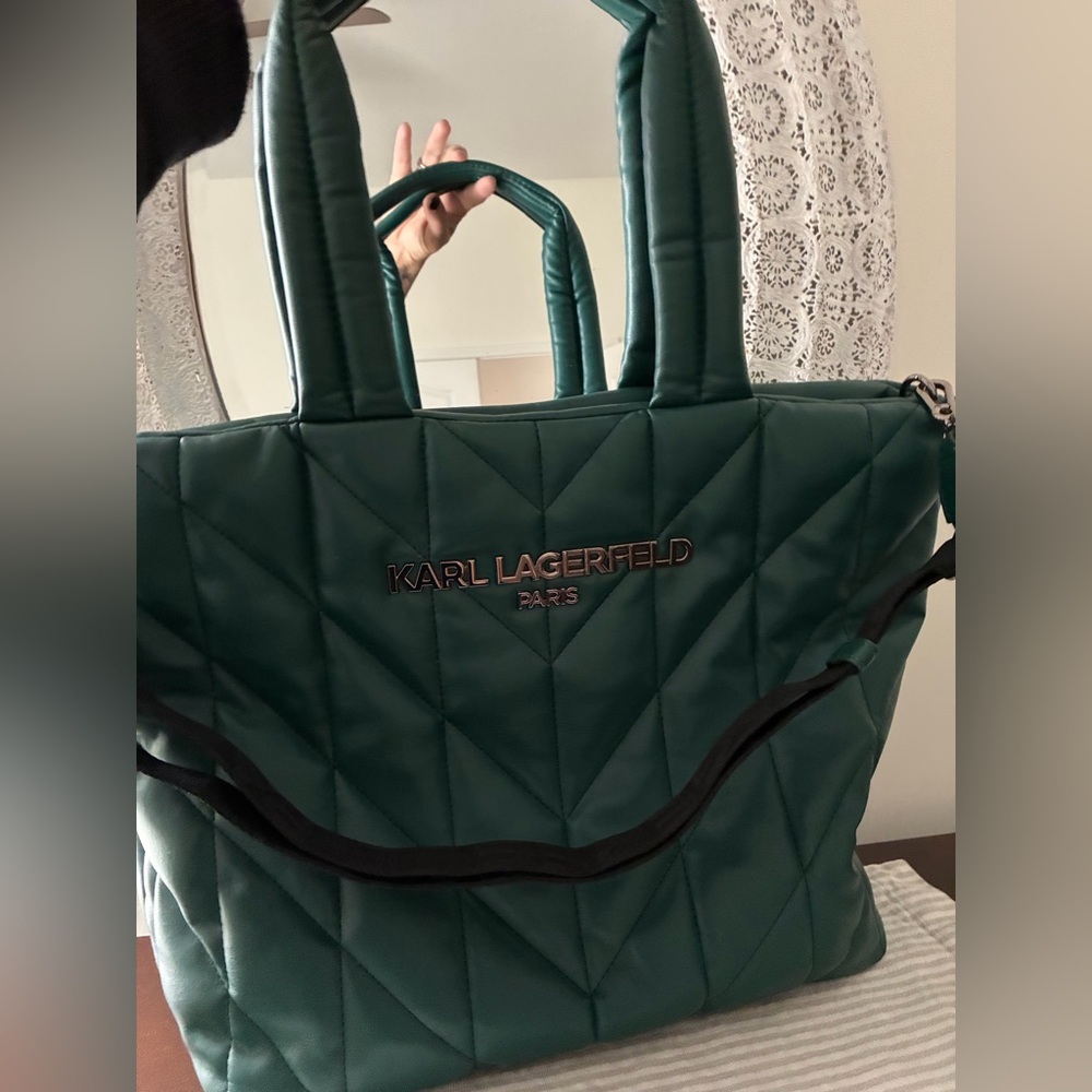 Karl Lagerfeld Quilted Tote in Forest Green with Silver Logo